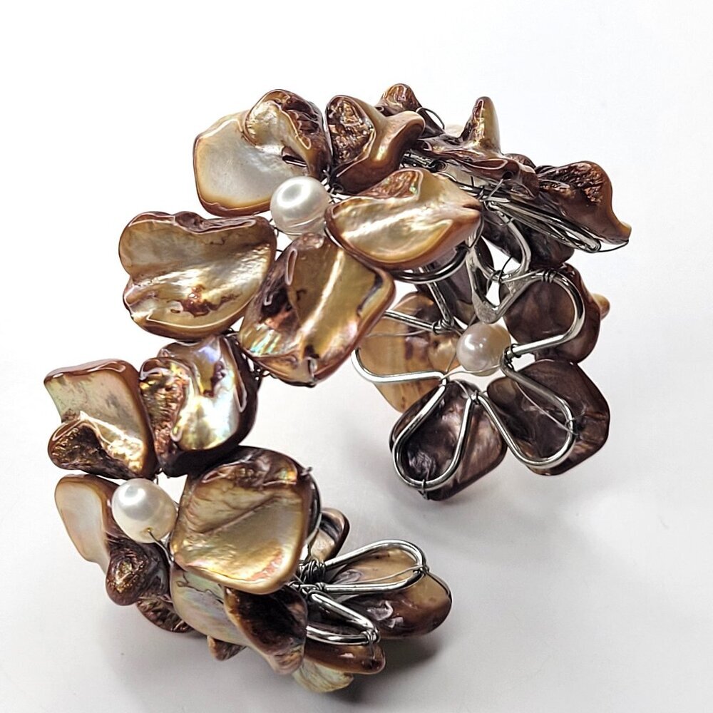 Pearl Bracelet, Floral Bracelet, Pearl Cuff Bangle Freshwater Pearl Shell Bangle